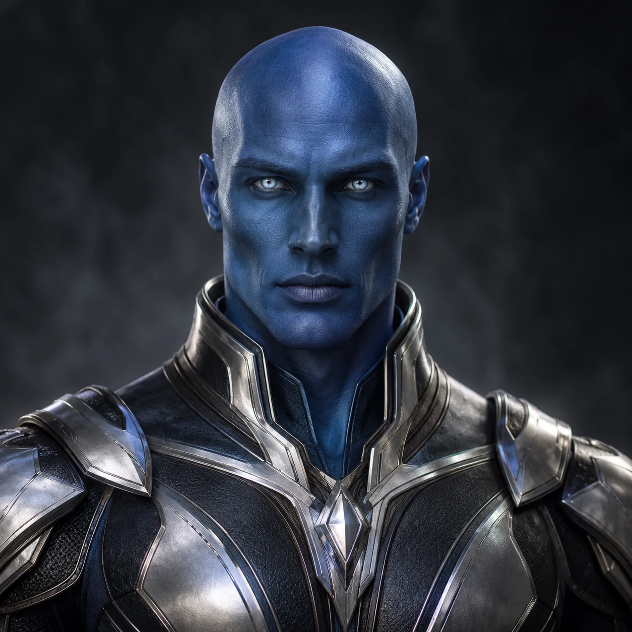 Blue-skinned Andromedan man in futuristic armor