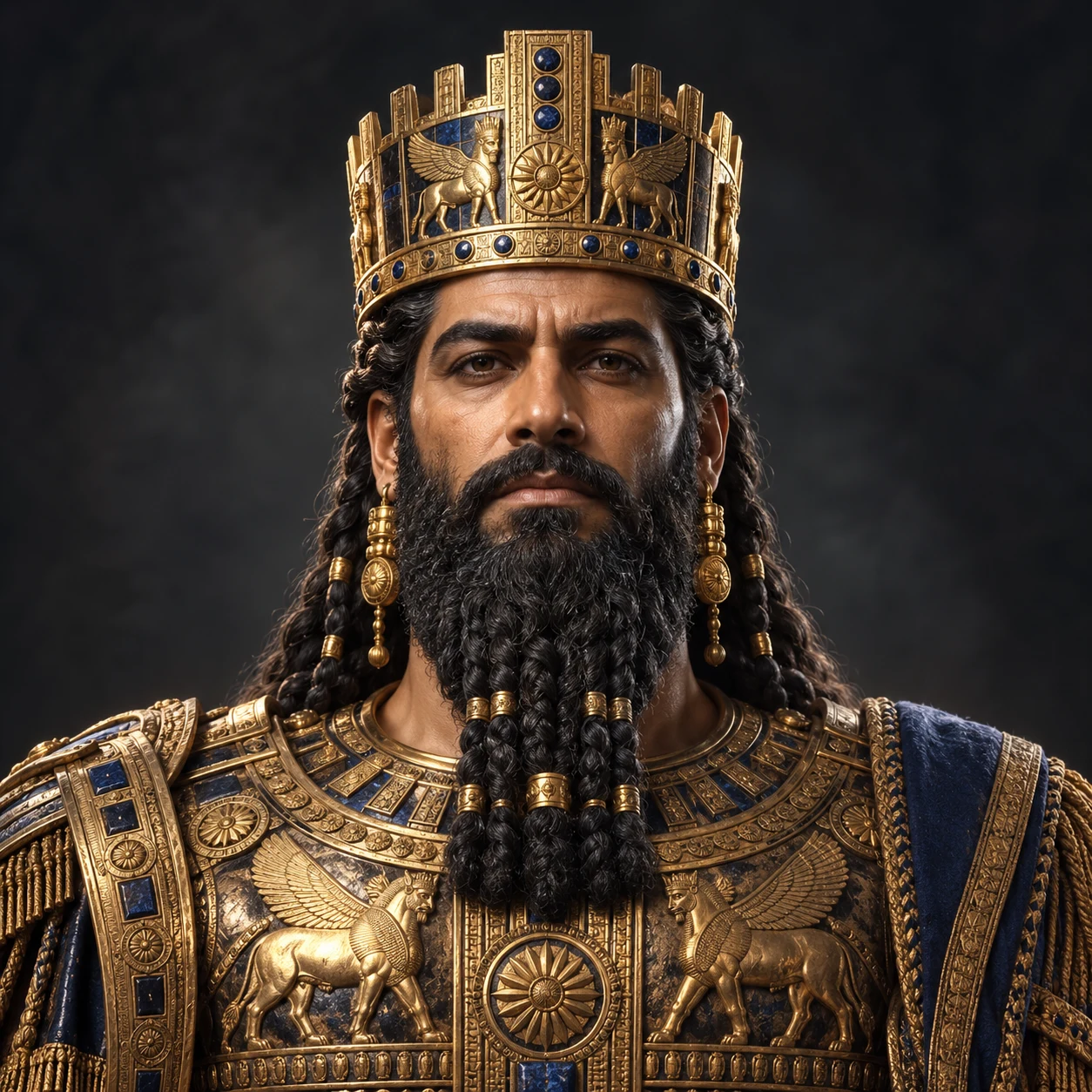 Anunnaki king with a braided beard and gold crown