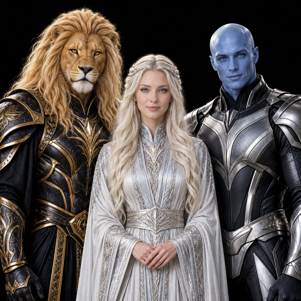 A Lyrian, Pleiadian, and Andromedan ally facing the camera against a black background