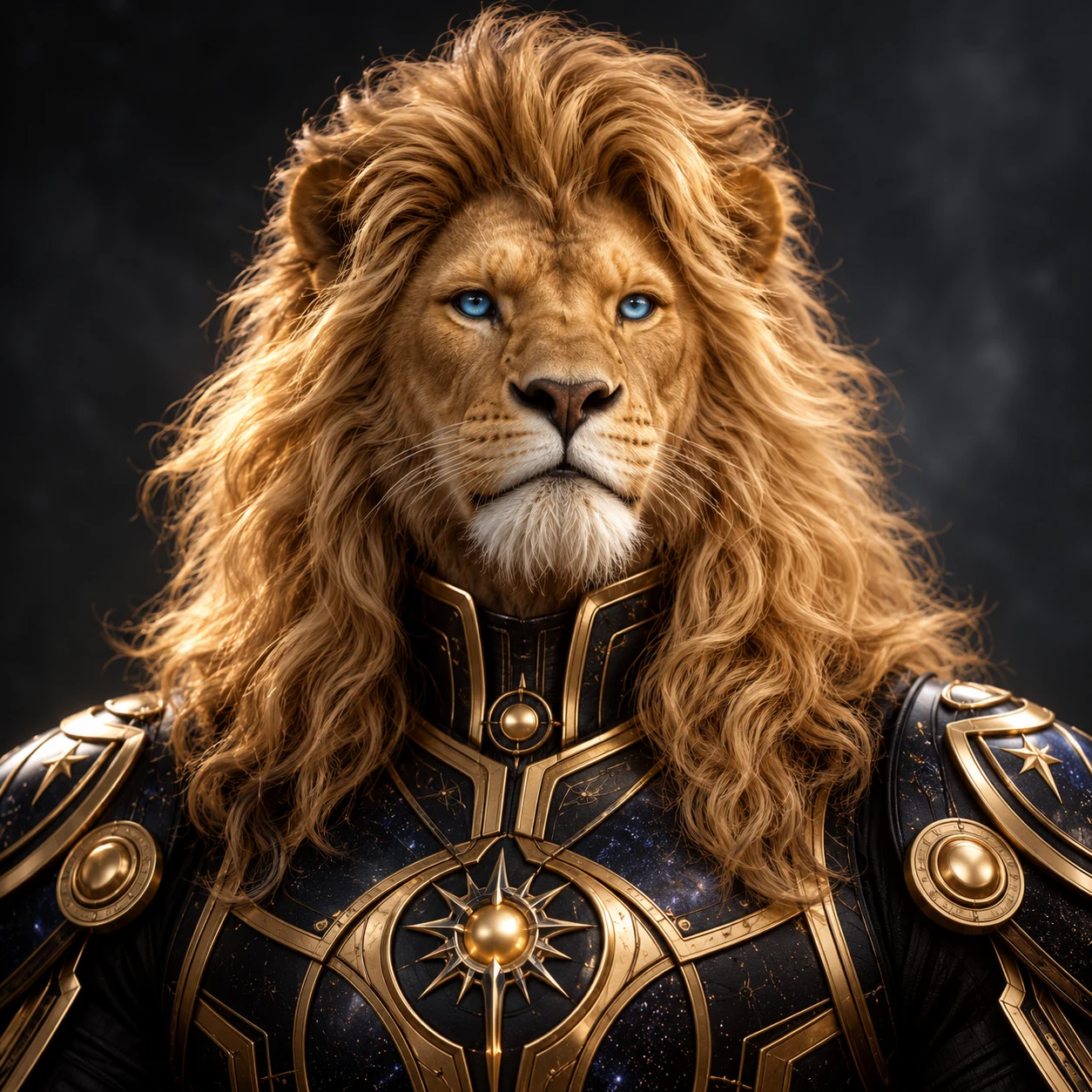 Golden-maned Lyrian lion humanoid in cosmic armor