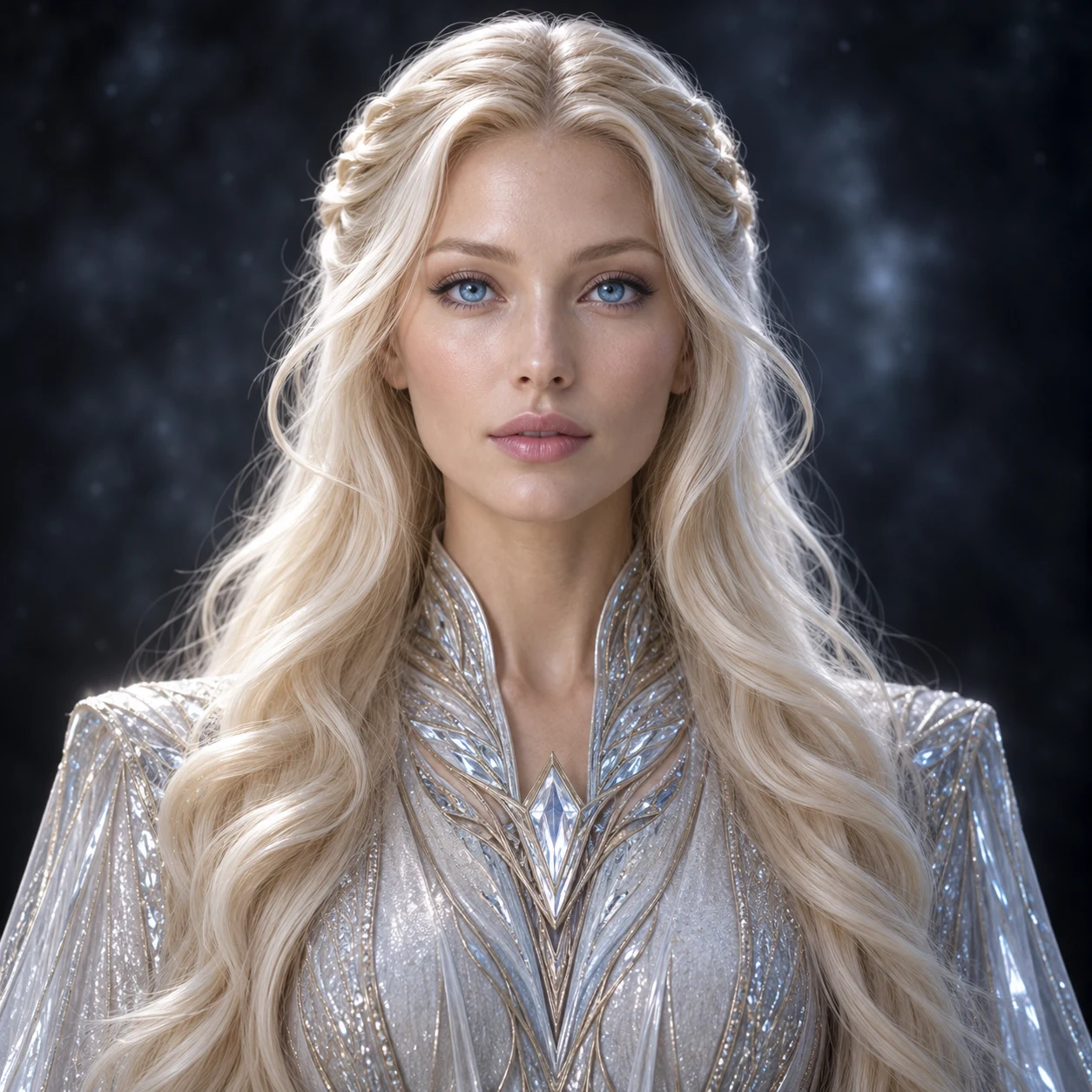 Platinum-haired Pleiadian woman in silver robes