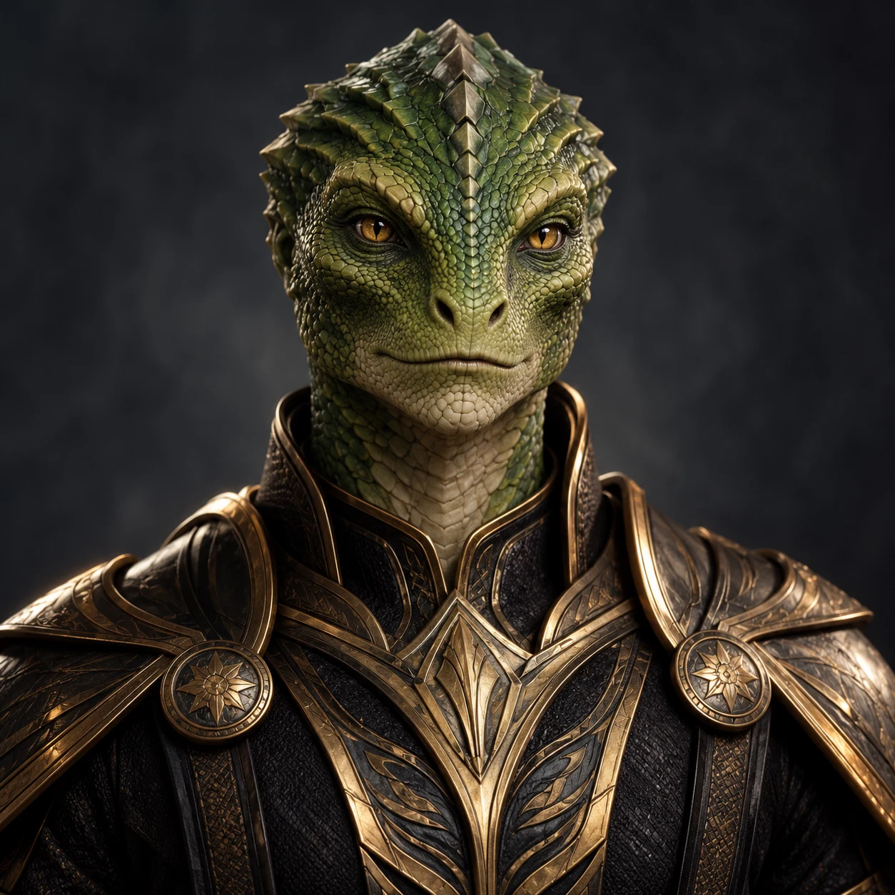 Green-scaled Reptilian humanoid in bronze armor