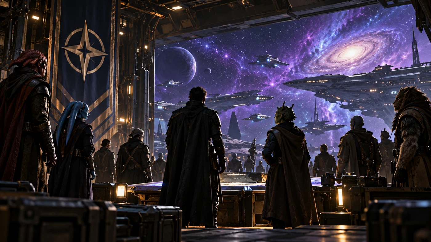 The Black League gathering in a secret starship hangar