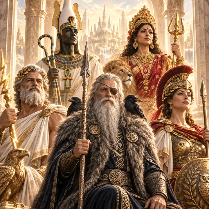 A group of ancient figures with staffs in a temple, representing the Architects Soul Group.