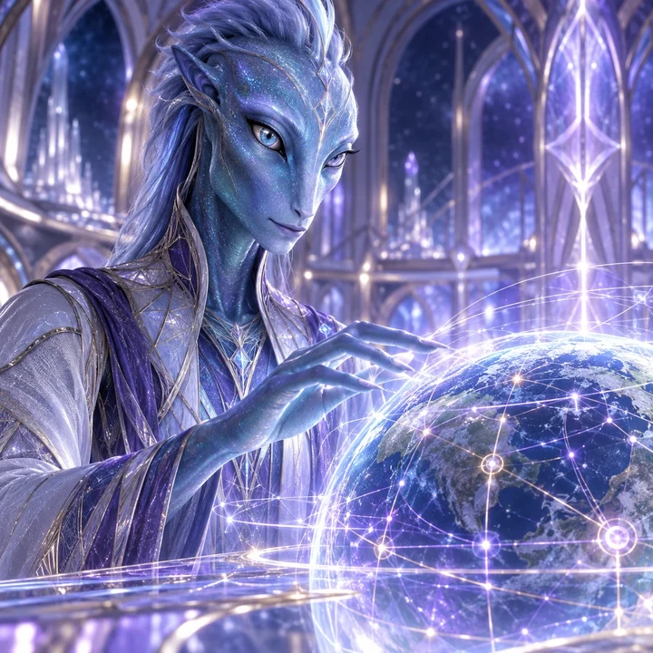 Blue humanoid Arcturian reaching toward a glowing planetary grid, representing the Arcturians Soul Group.