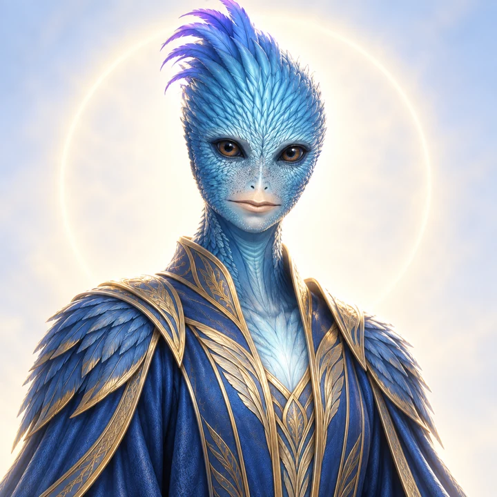 Blue Avian figure in blue and gold clothing against a bright background, representing the Blue Avians Soul Group.