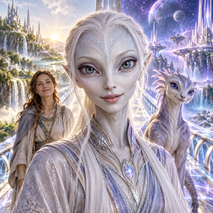 Silver-skinned Essassani hybrid with large blue eyes beside a human companion in a luminous city, representing the Essassani Soul Group.