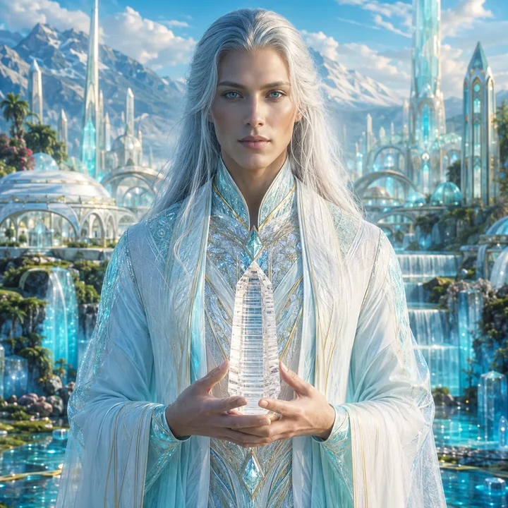 Figure in white and blue with a crystal city behind, representing the Lemurians Soul Group.