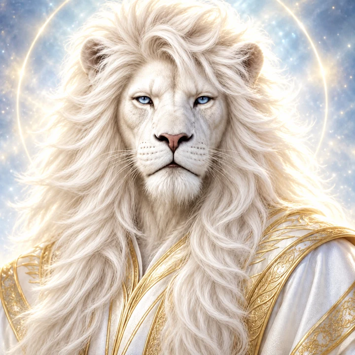 White lion with a bright mane against a pale background, representing the Lyrians Soul Group.