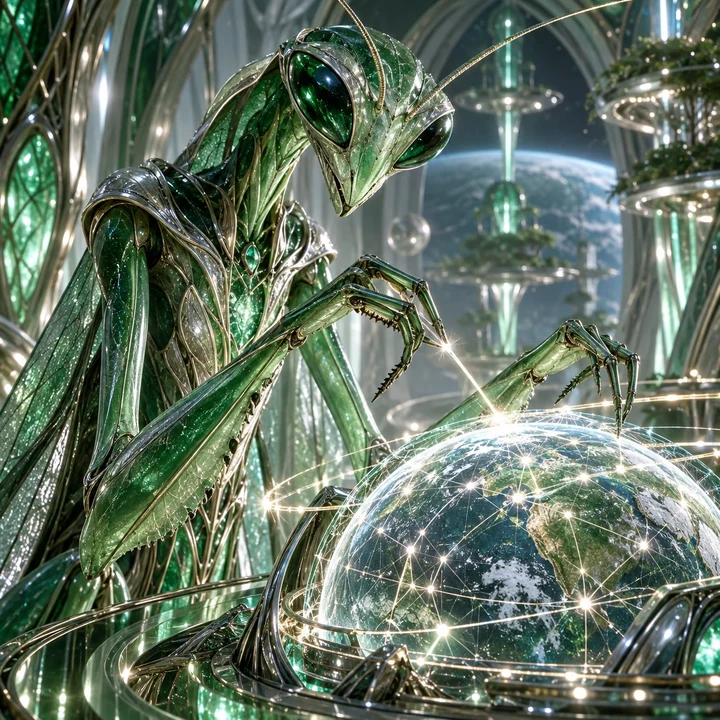 Tall green mantis-like extraterrestrial beside a luminous planetary grid, representing the Mantis Beings Soul Group.