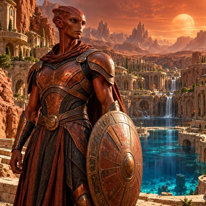 Armored Martian humanoid overlooking a red-world city, representing the Martian Souls Soul Group.