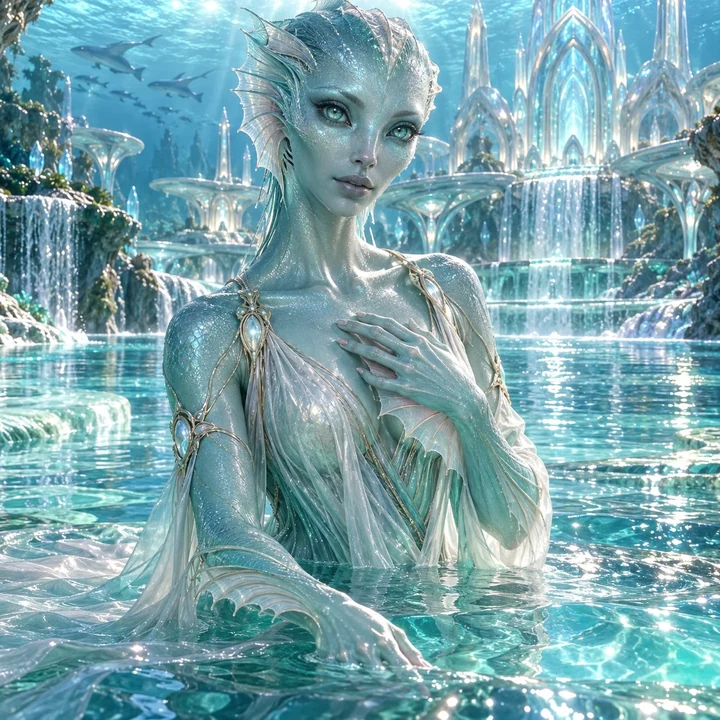 Aquatic Mintakan with fin-like ears and webbed hands in a luminous underwater city, representing the Mintakans Soul Group.