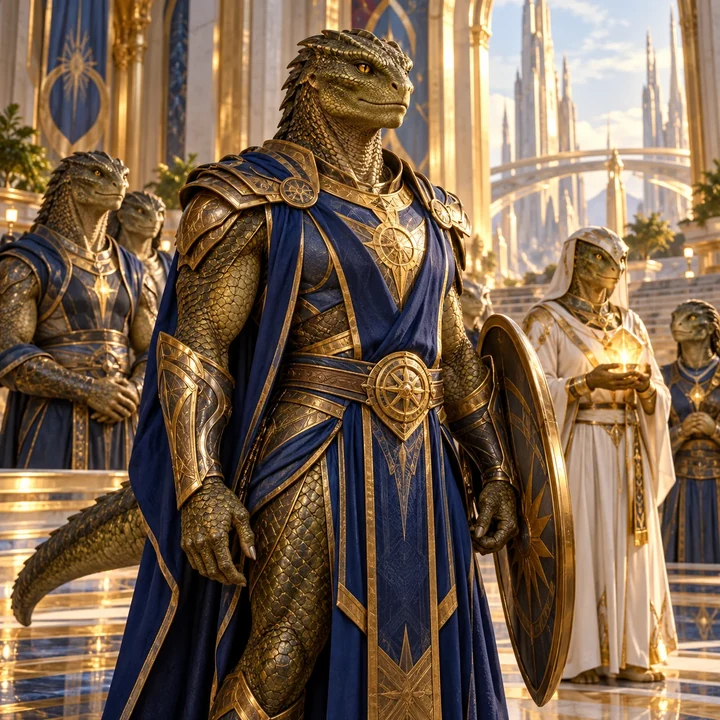Reptilian humanoid leader in blue and gold armor among fellow guardians, representing the Orion Light Guardians Soul Group.