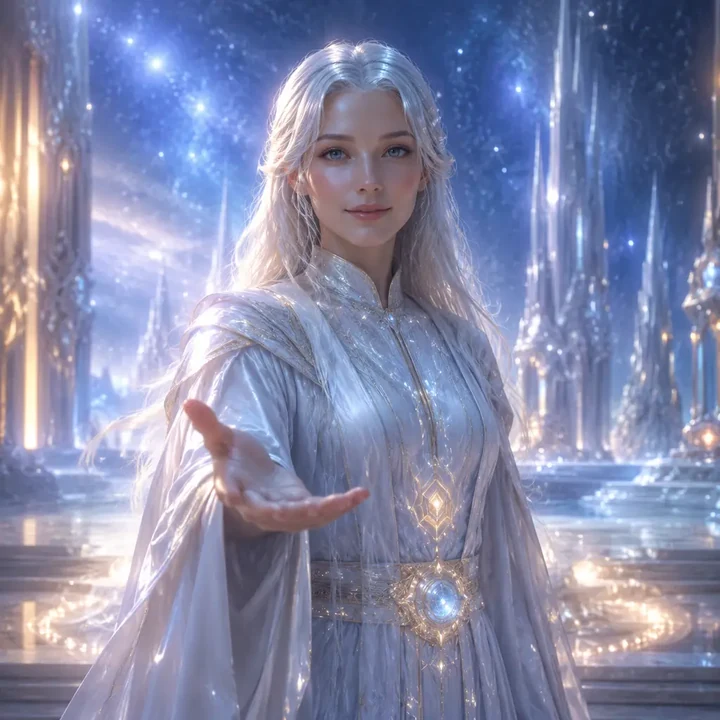 Woman in pale clothing beneath a starry sky, representing the Pleiadians Soul Group.